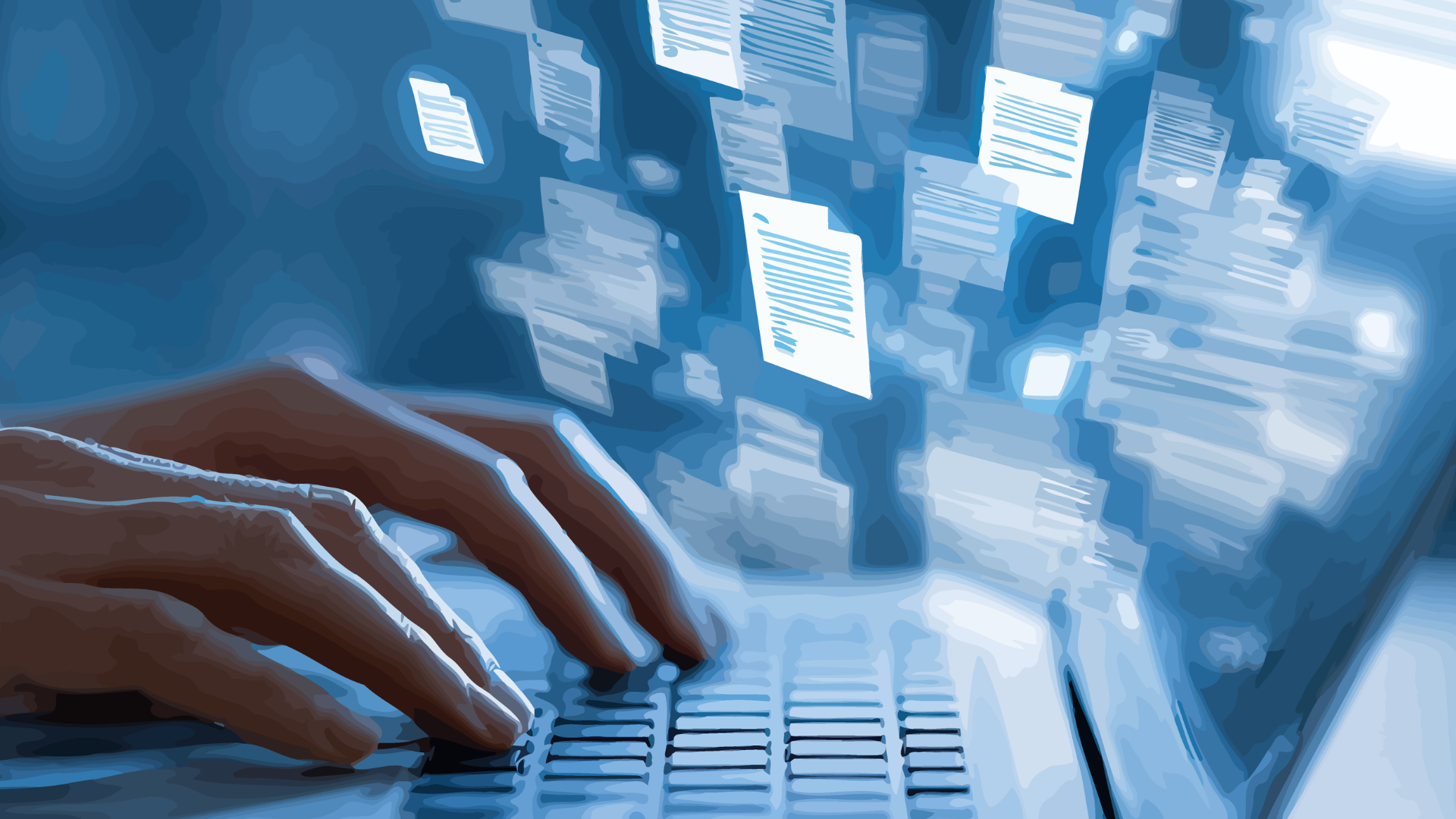 Hands typing on a glowing keyboard surrounded by floating documents